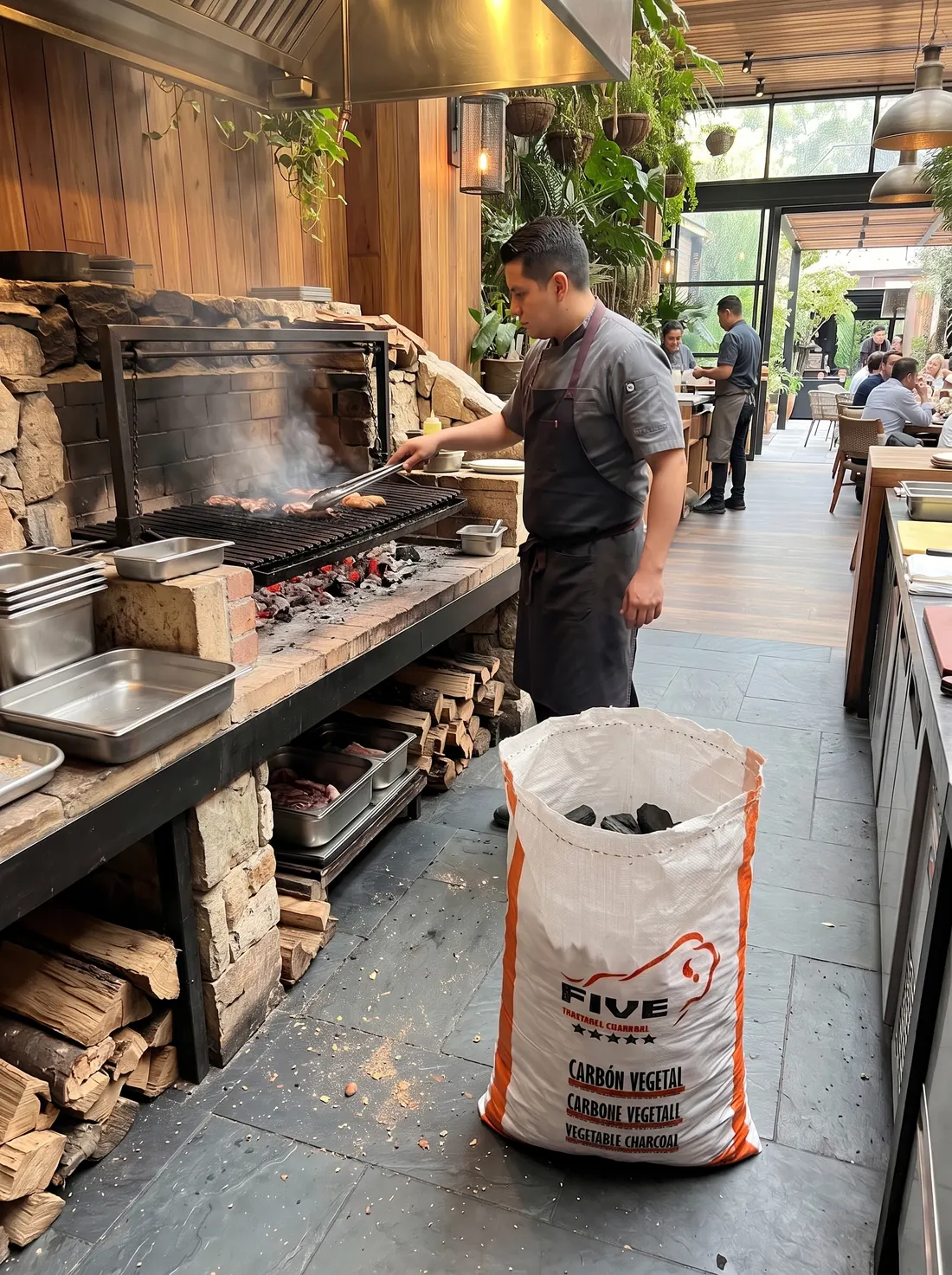Cocinero en la parrilla de un restaurante, junto a un saco de 20 kg de FIVE